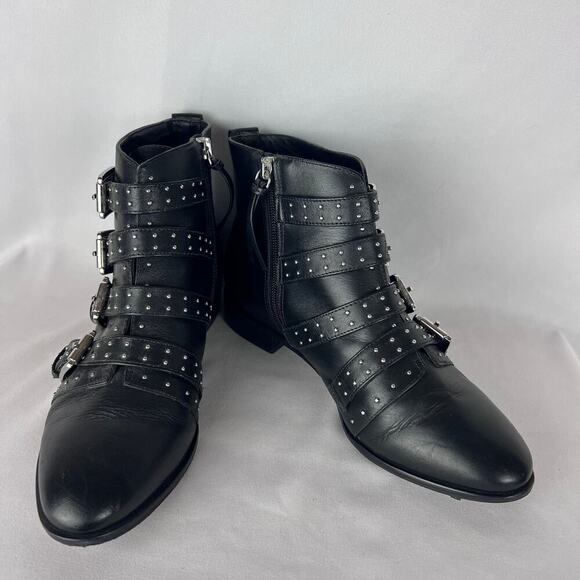 Rebecca Minkoff Leather Ankle Boots Black Silver Buckles Size 8M